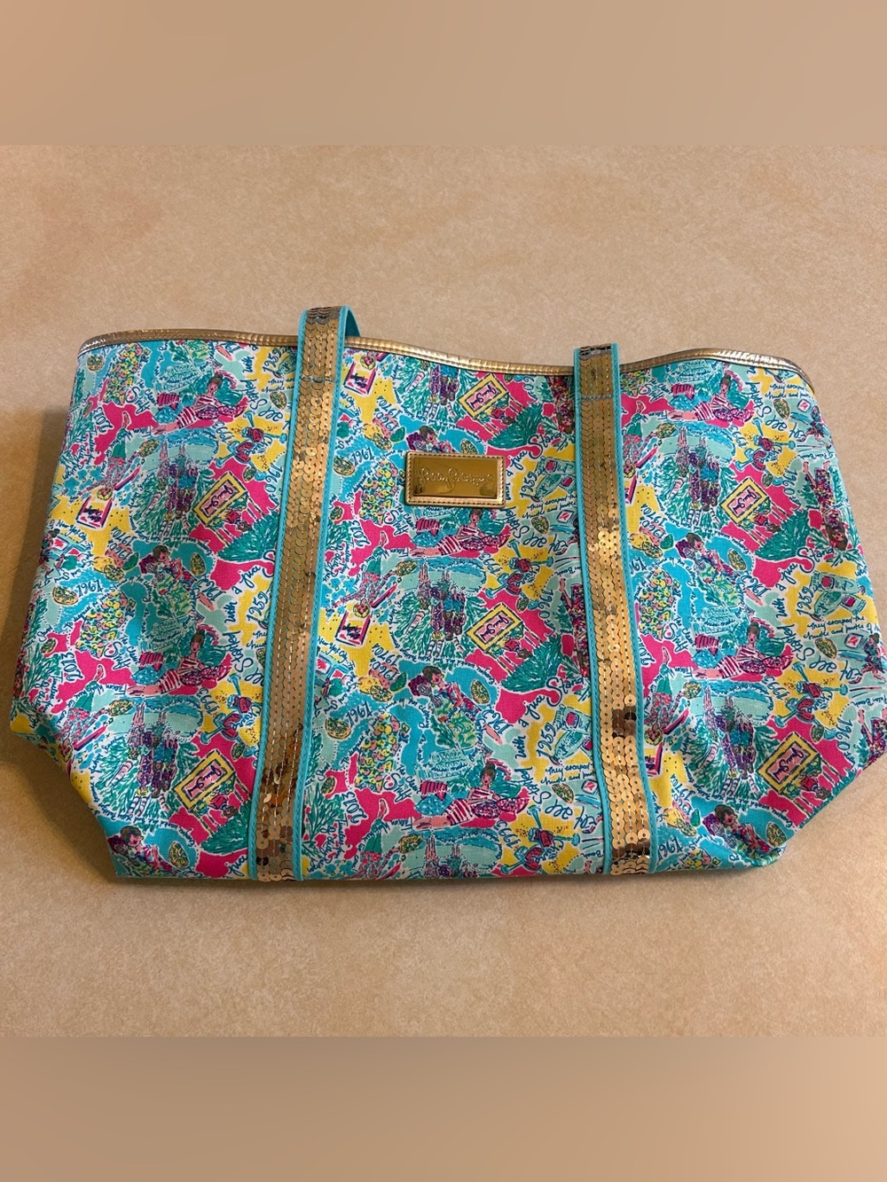 Lilly Pulitzer Sequin Tote Beach Bag In the Beginning Juice Stand NWOT